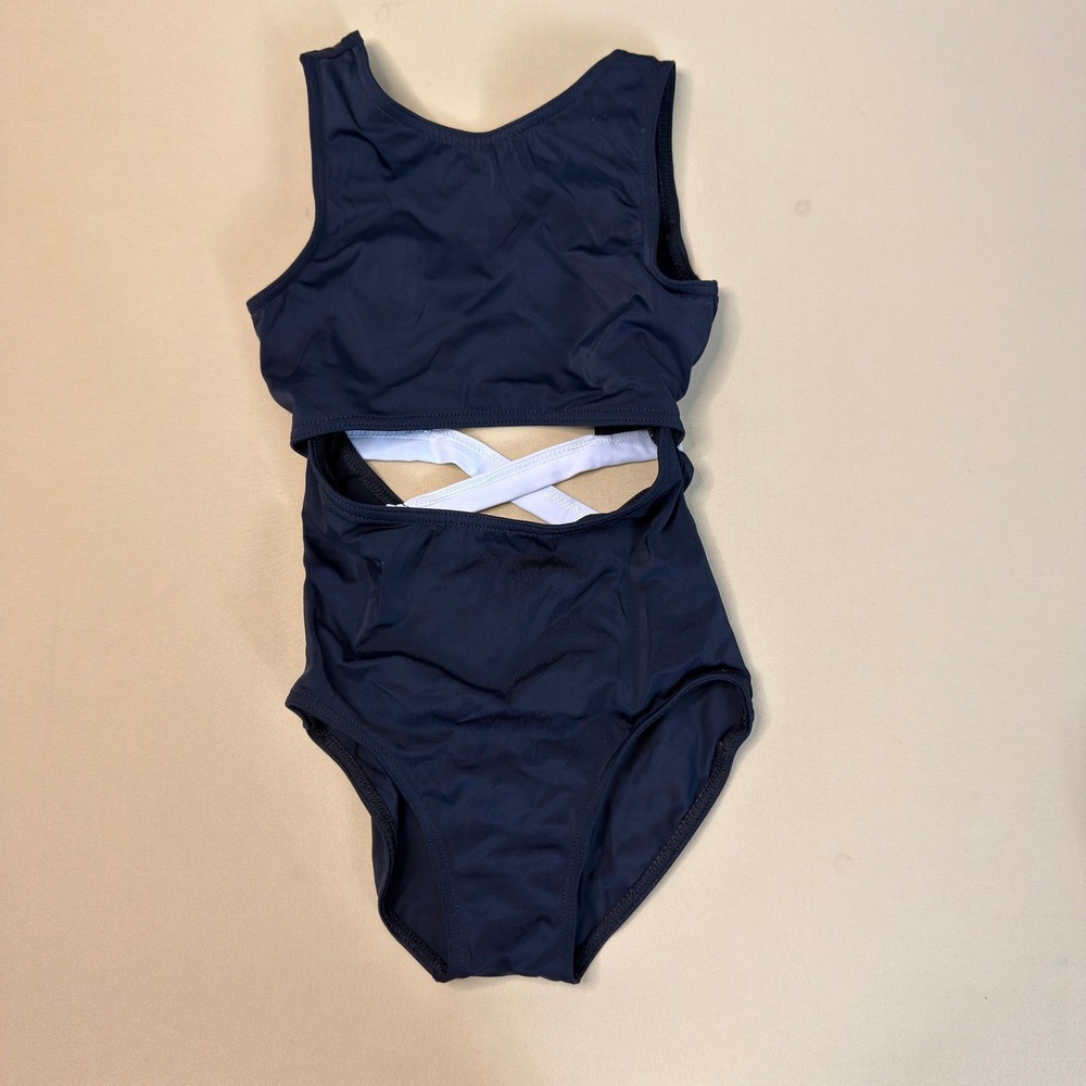 Balera Girls Black Dance Leotard White Criss Cross Strappy Back Intermediate 7/8